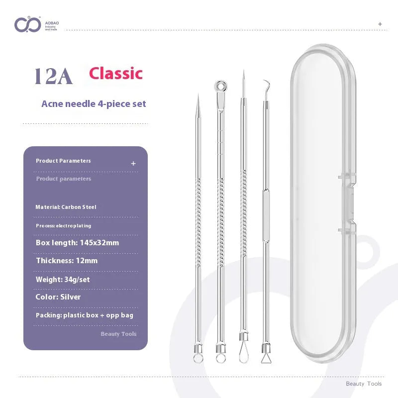 4-piece metal acne needle set with ultra fine pointed tips on silver background