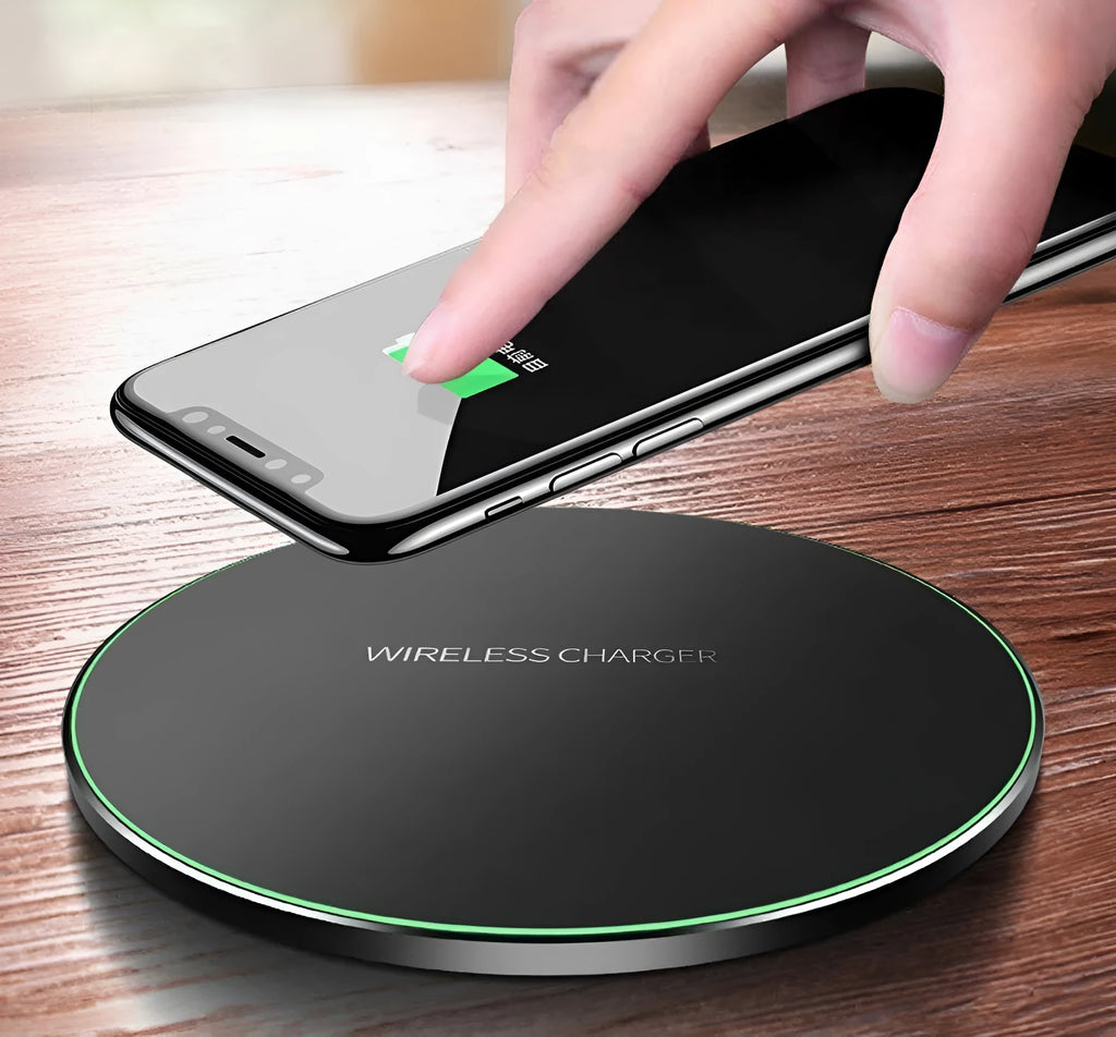 Black ultra-thin wireless charging pad with 9V fast charging support