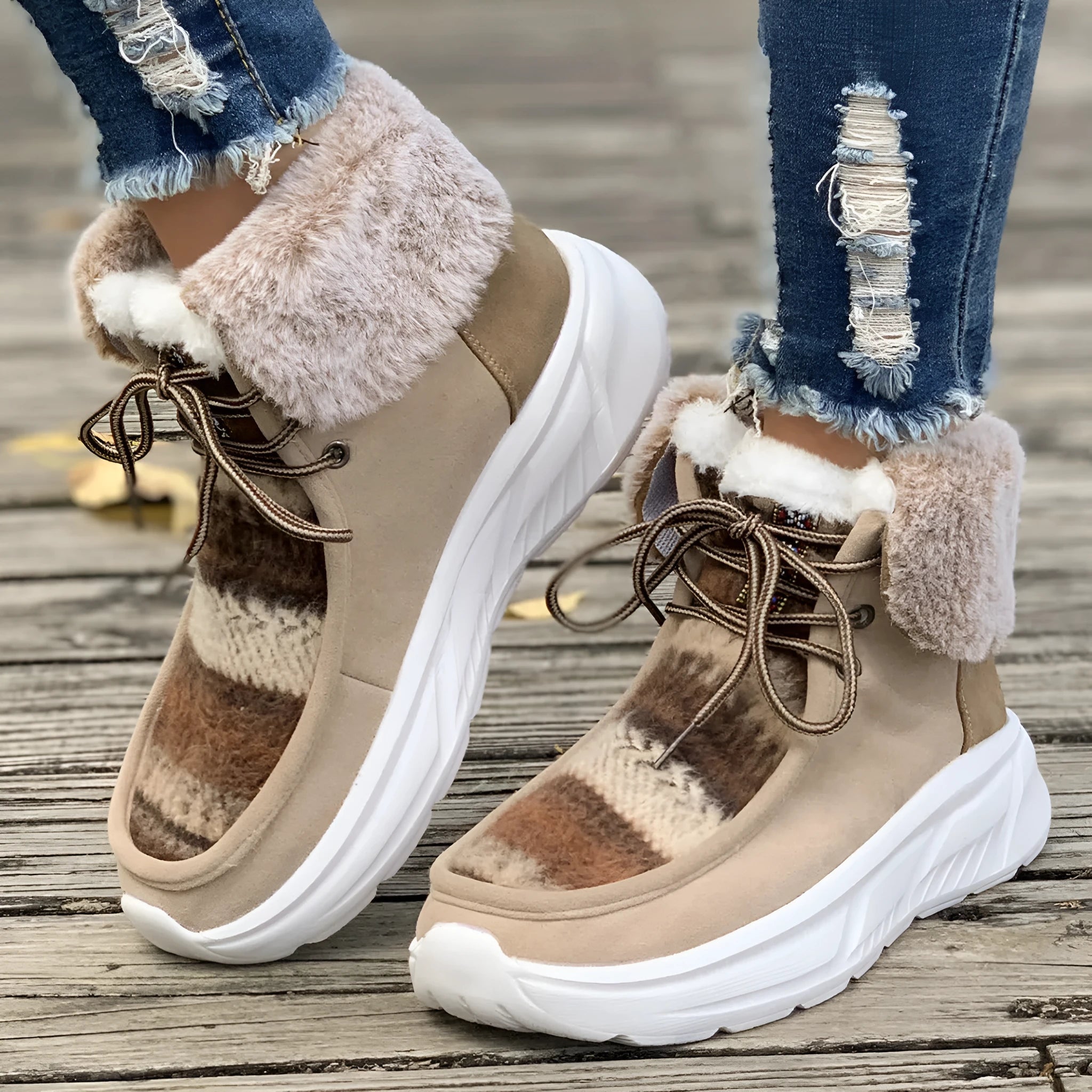 Women's beige lace-up snow boots showing front tie design and mid-top height with plush lining