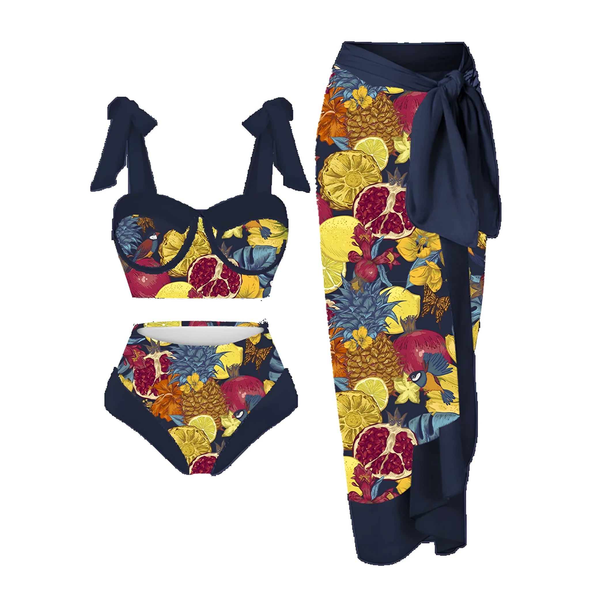 Women's printed split swimsuit three-piece set in a floral colour on a mannequin.