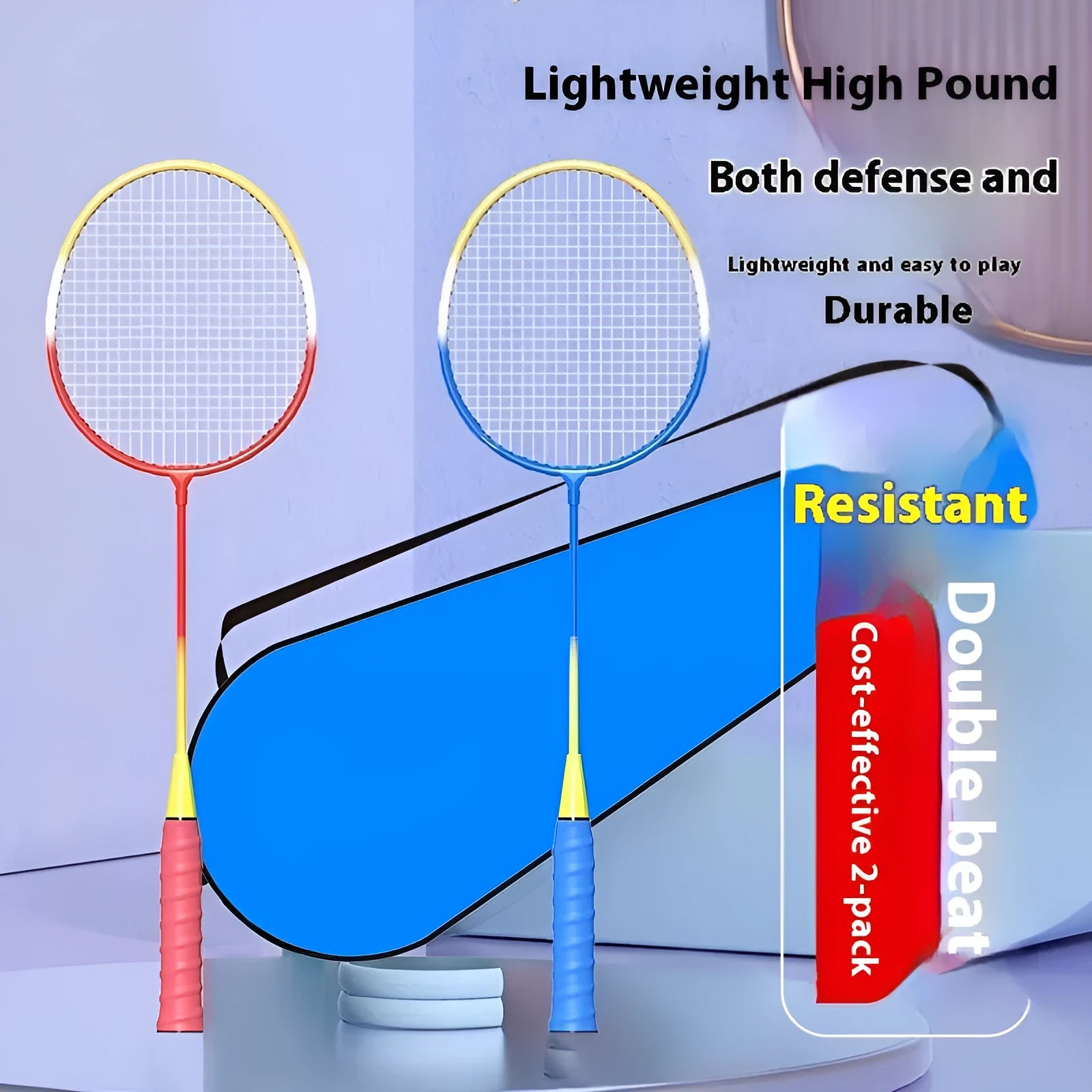 Blue and red alloy ultra-light split badminton rackets arranged as a complete pair set