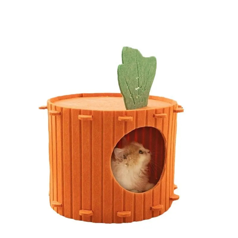 Carrot-shaped felt cat tunnel nest showing semi-enclosed design with two size options