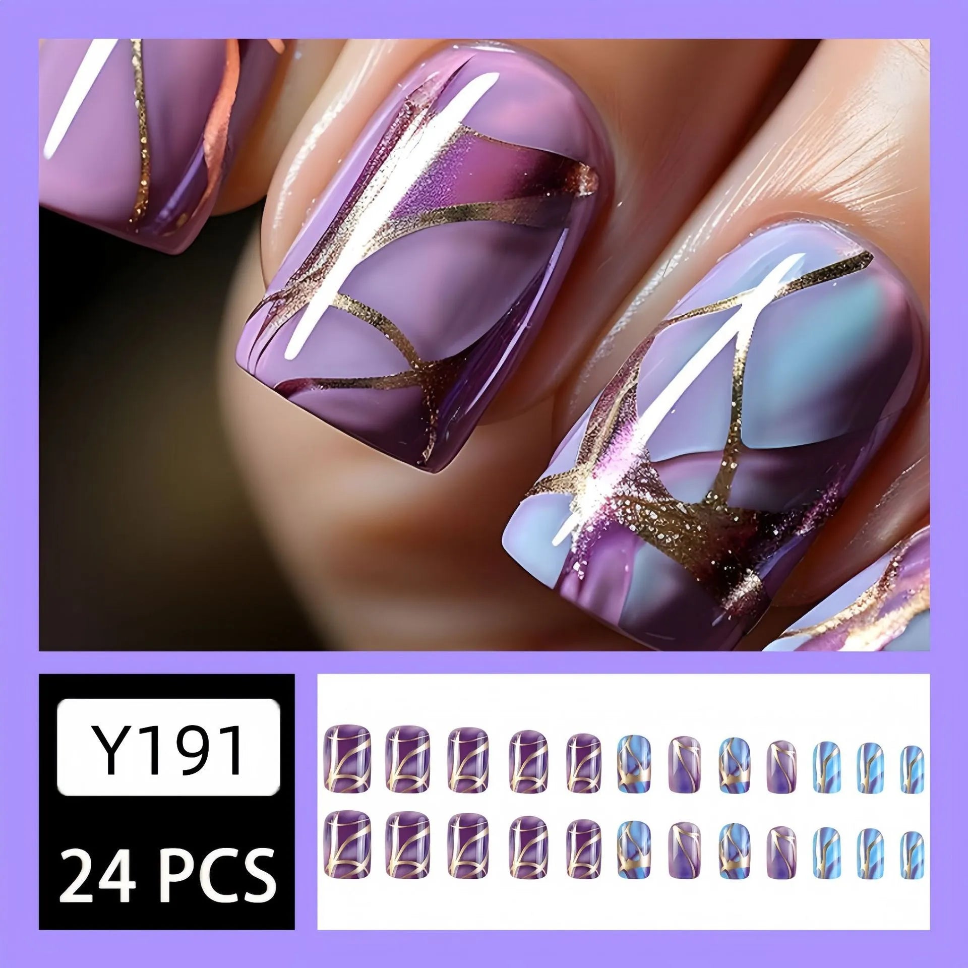 Purple striped nail art stickers in mid-length European American style on a fingernail.