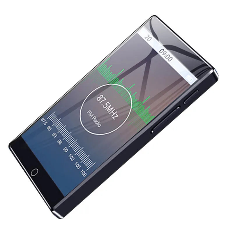 Black Ruizu H1 MP3 MP4 player with 4-inch touch screen showing music library