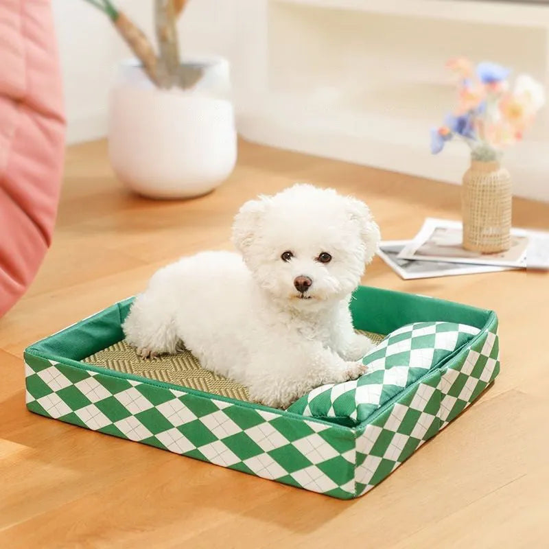 Blue rattan cat litter mat measuring 70x50cm serving as washable pet bed