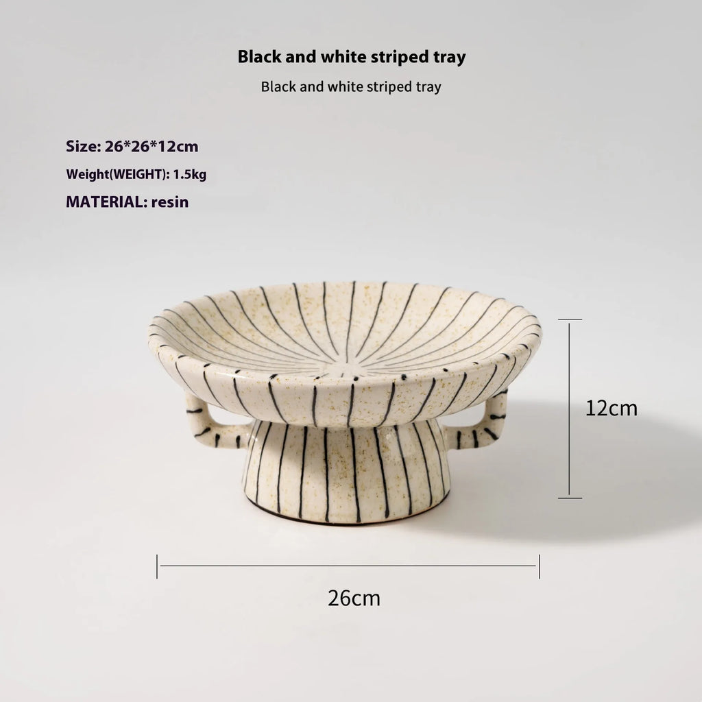 Black and white striped synthetic resin fruit plate with retro design for dessert serving