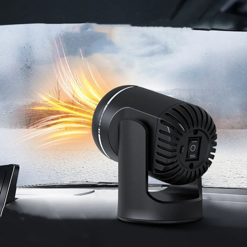 Black and white 12V car heater with dual hot cold settings for vehicle defrosting and climate control