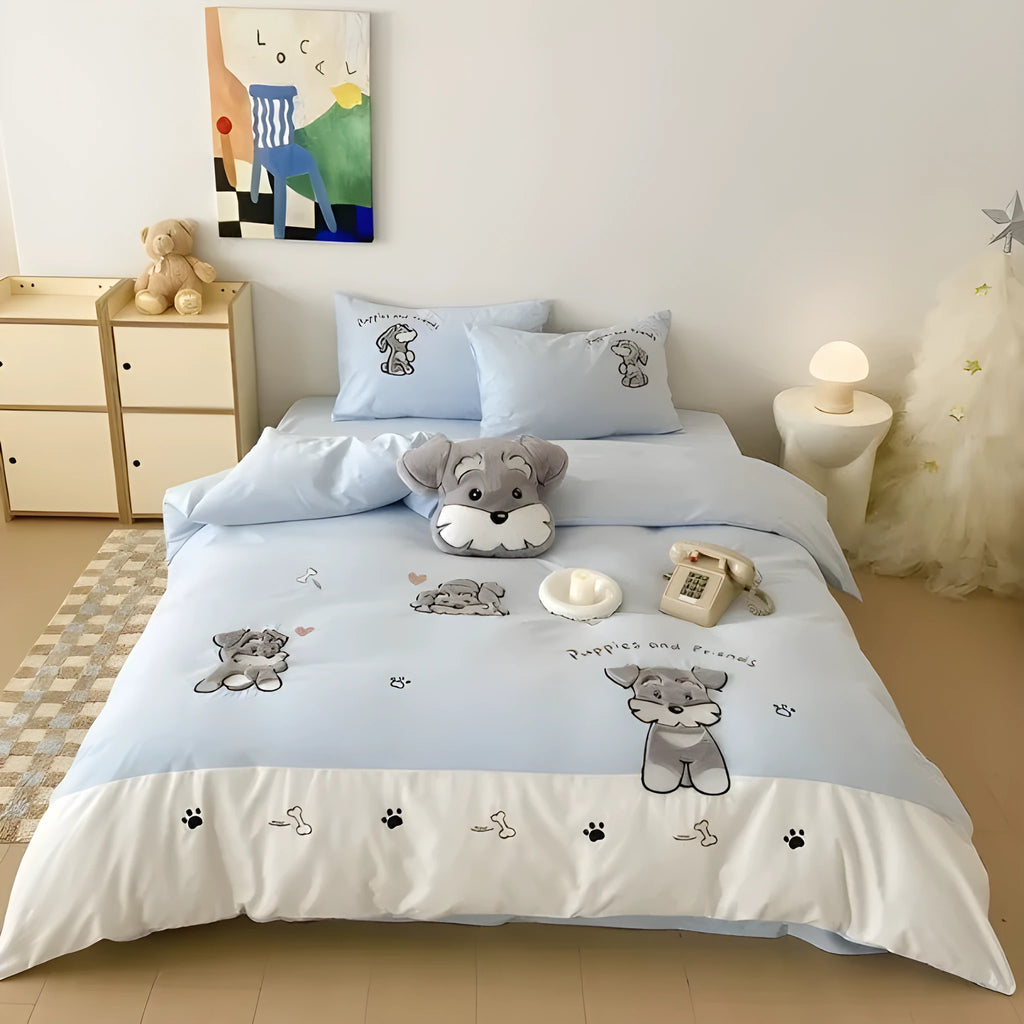 Cute Schnauzer dog pattern on a complete cotton bedding set with embroidery details