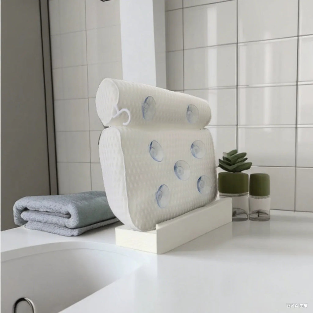 White breathable 3D bathtub pillow with seven suction cups on a bathtub edge.