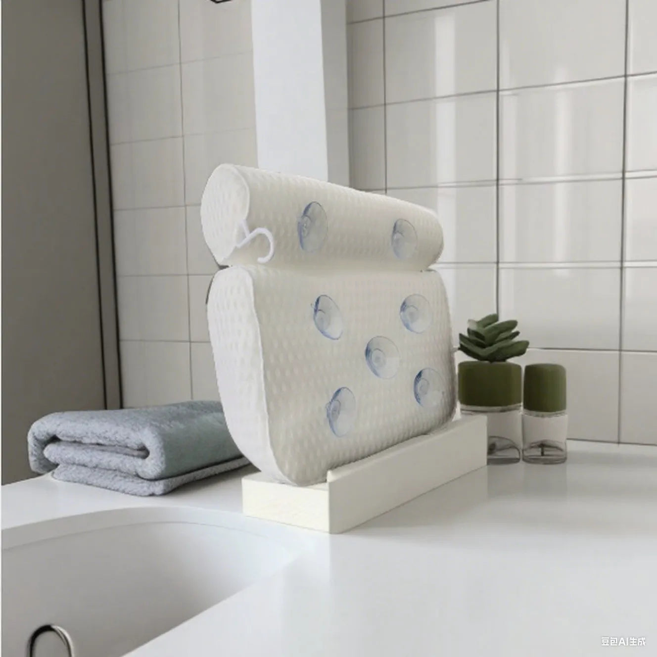 White breathable 3D bathtub pillow with seven suction cups on a bathtub edge.