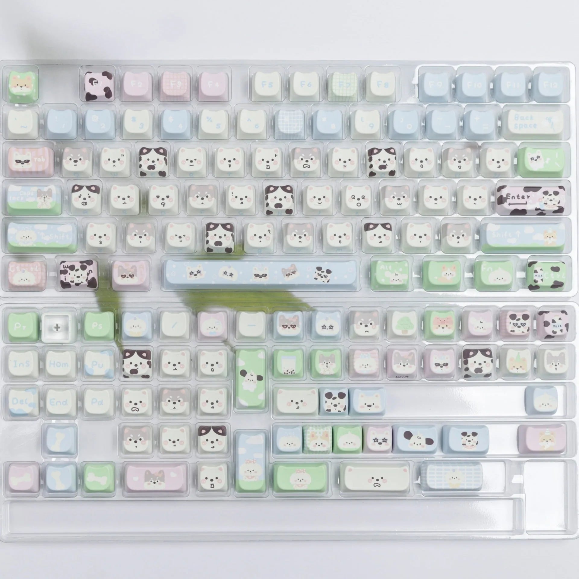 PBT key cap set with colourful cat and puppy sublimation designs for mechanical keyboards