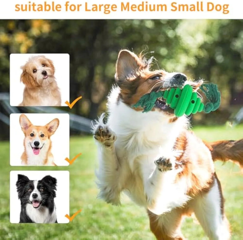 Green and yellow silicone dog ball with attached knot rope toy on grass.