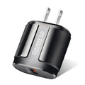 Compact white or black mobile phone charger with dimensions 20x40x65mm.