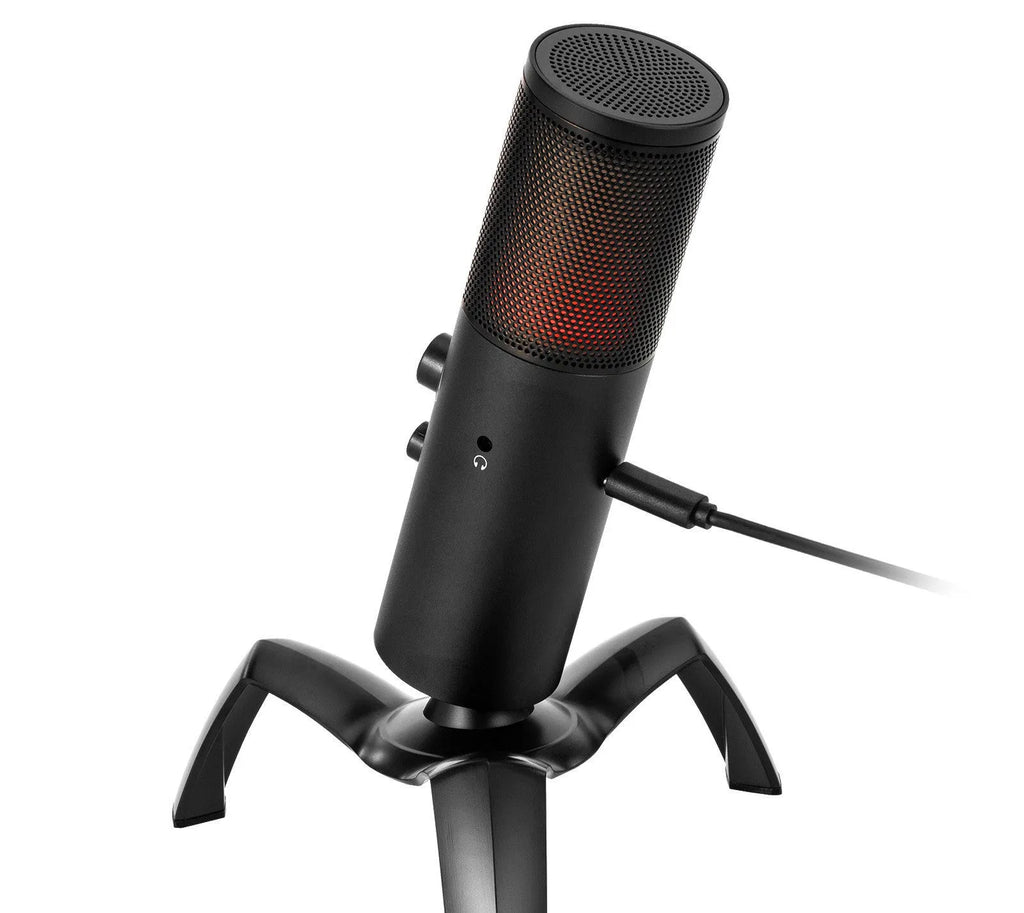 Black Q18 two directional condenser microphone with RGB lighting and metal body on tripod