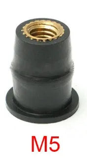 Black motorcycle well nut fasteners with brass inserts in M4, M5, and M6 sizes