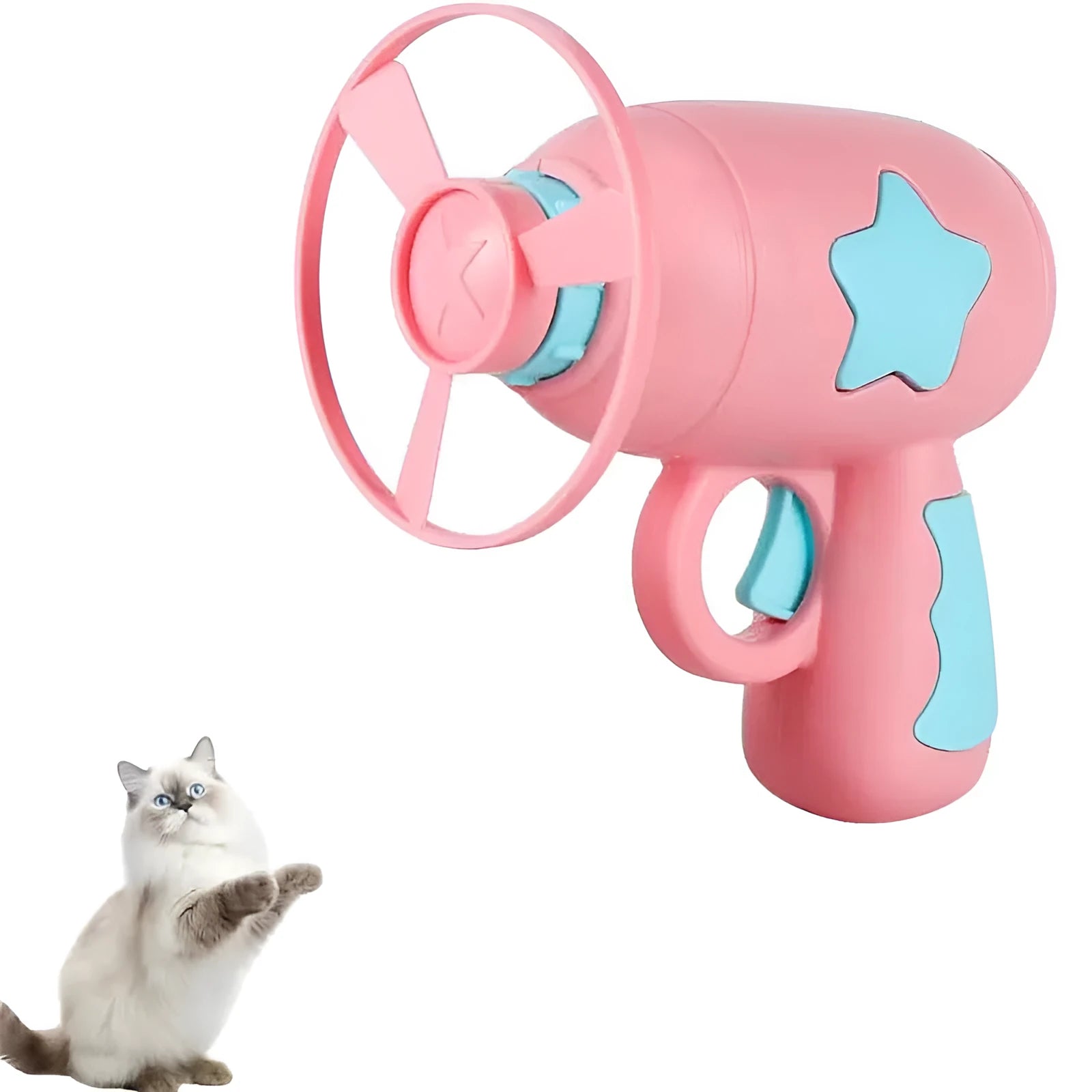 Blue plastic cat toy gun with frisbee launcher for indoor cats on white background