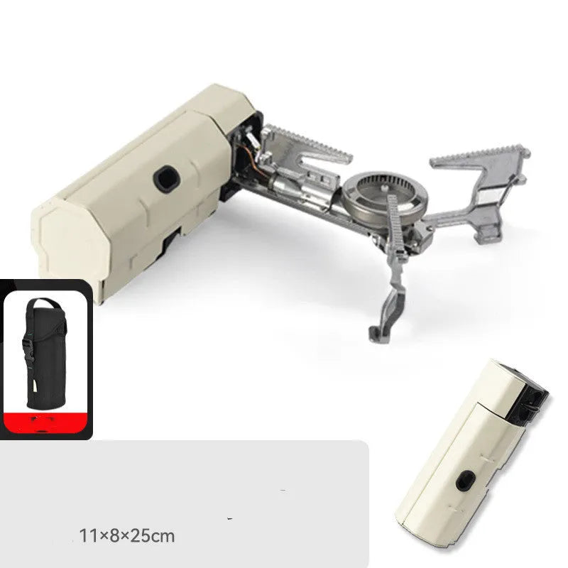 Green portable folding camping gas stove with adjustable valve on a serrated bracket, shown with its storage bag.