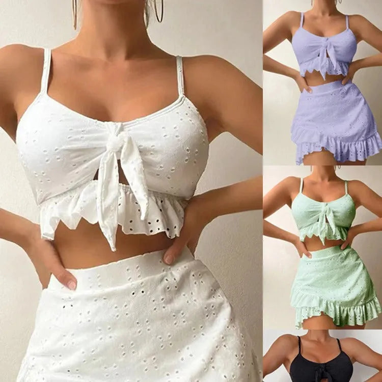 Women's three-piece bikini swimsuit with split hip skirt in multiple colour options