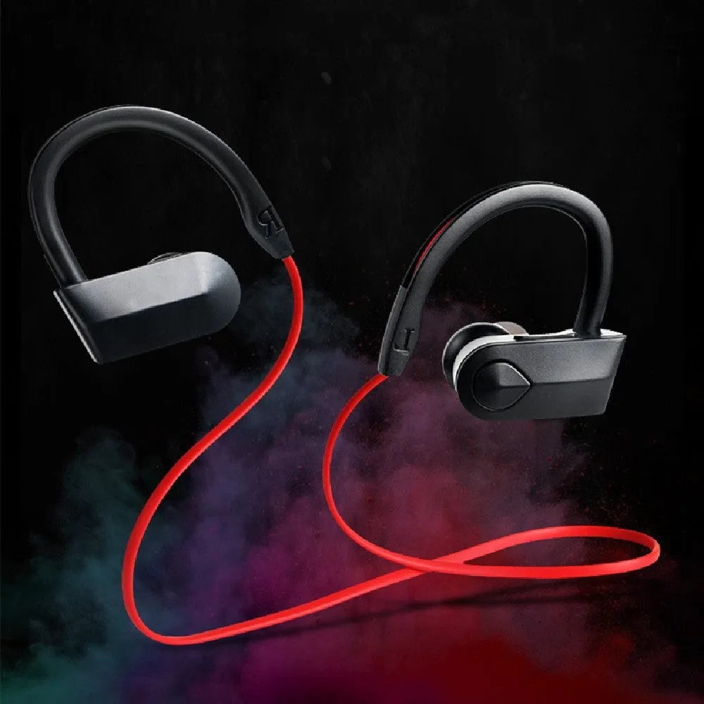 Wireless neckband Bluetooth earphones in black, blue, or red colours showing earbuds and neck mount.