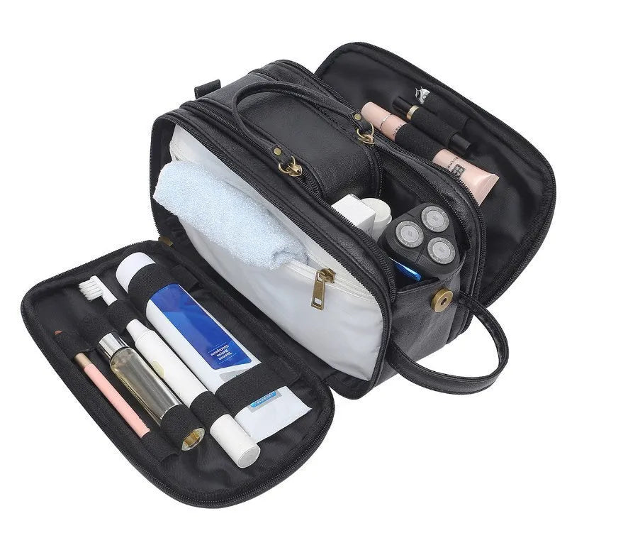 Men's black PU leather toiletry bag for travel storage of grooming essentials