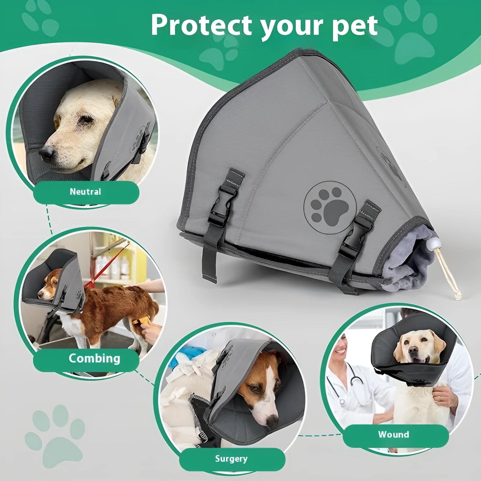 Adjustable polyester pet sterilisation collar showing double layer construction and anti-bite ring