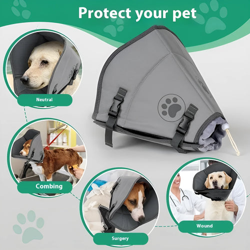 Adjustable polyester pet sterilisation collar showing double layer construction and anti-bite ring