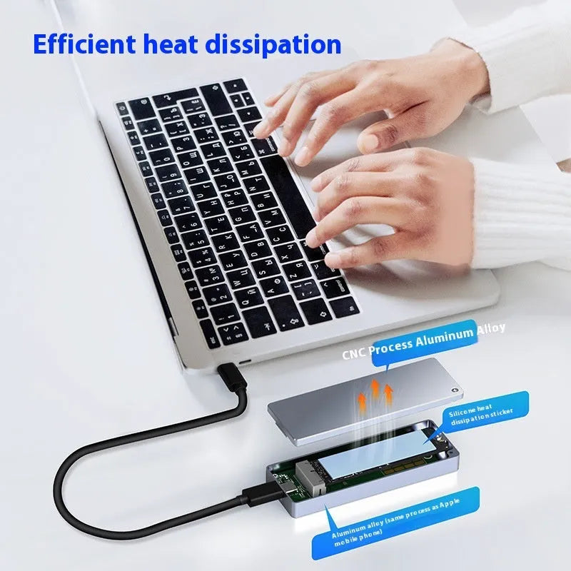 Aluminium M.2 SATA SSD enclosure kit with USB Type-C cable, screwdriver, screws, and thermal pad.