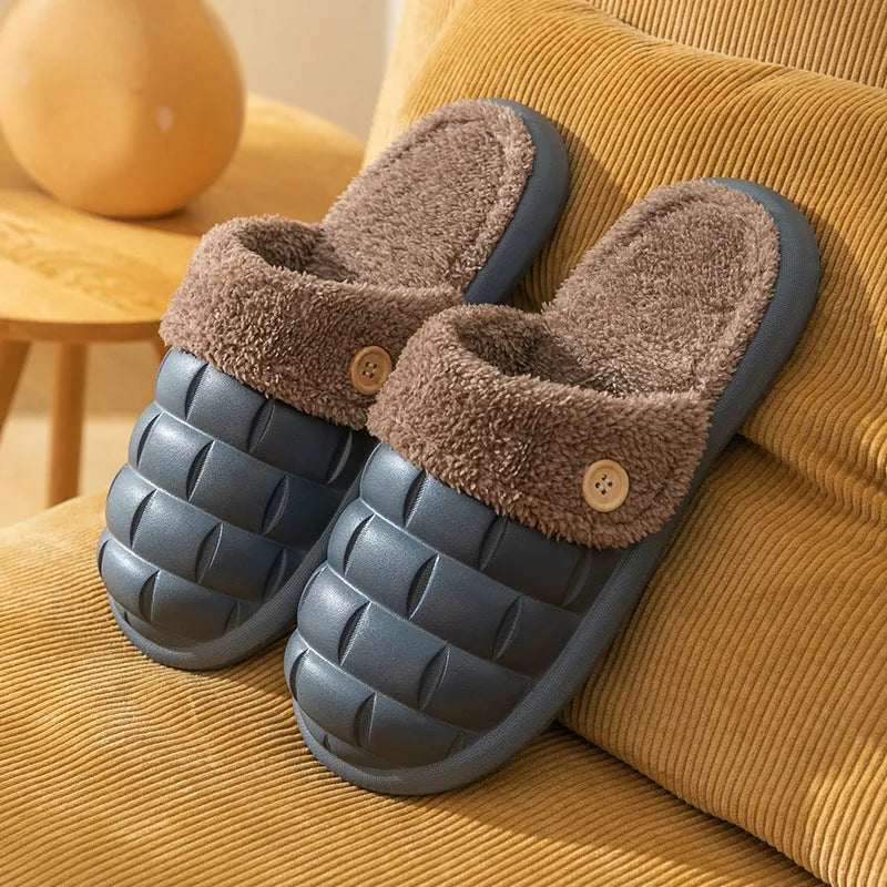Plaid patterned detachable EVA slippers for women with plush lining and anti-skid sole.