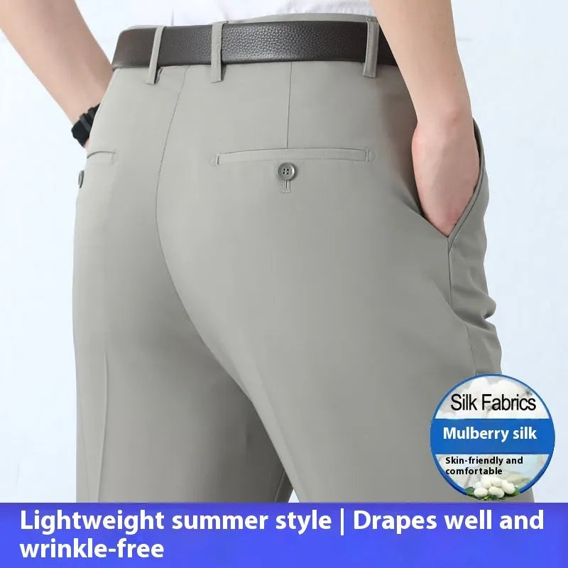 Men's straight-cut high-waist business trousers in a mulberry silk blend fabric.