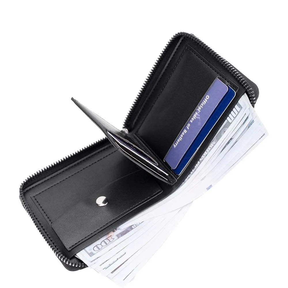 Black PU leather anti-theft credit card wallet with zipper closure and embossed design
