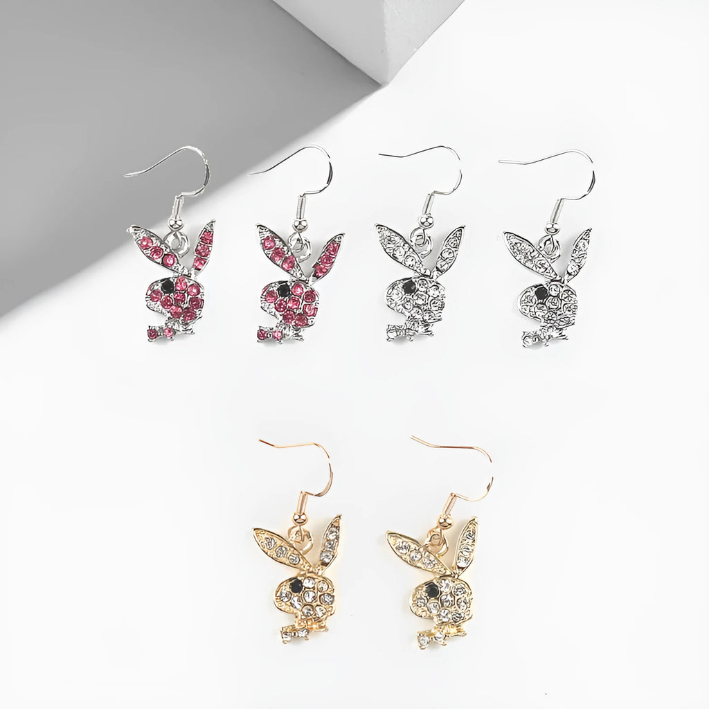 Rabbit stud earrings with diamond detailing in gold, pink or silver cartoon animal design