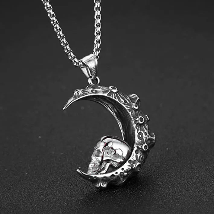Men's silver skull pendant necklace on stainless steel chain with six design options