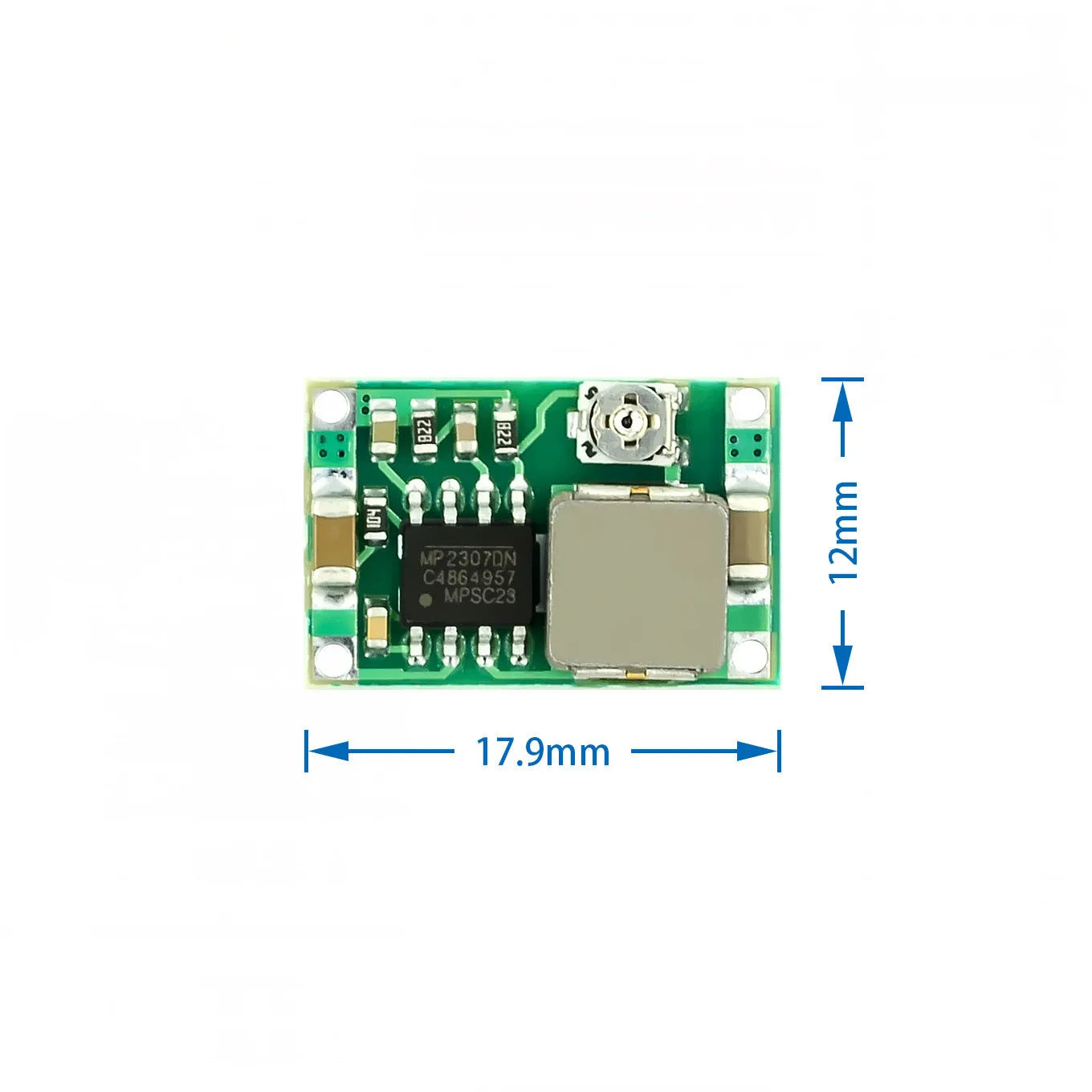 Mini 360 green DC-DC buck converter module measuring 17x11mm with synchronous rectification