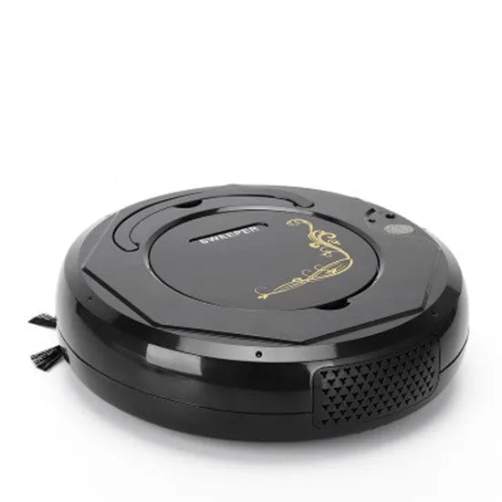Blue smart robot vacuum cleaner on a wooden floor, showing its dust box and cleaning brush.