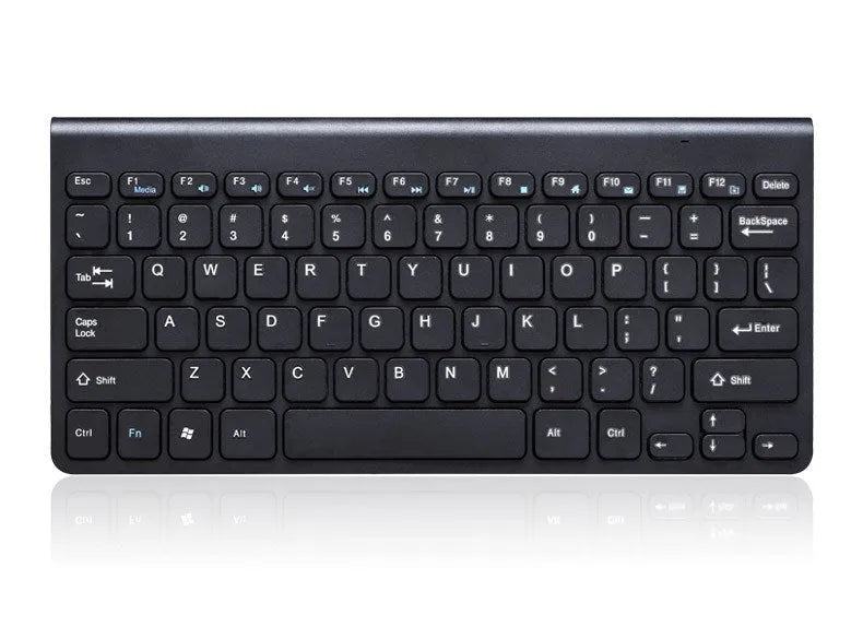 Black wireless keyboard and mouse set with 78 keys and 4 buttons on wooden desk