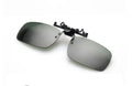 A clip-on sunglasses attachment for prescription glasses, shown in large and small sizes with grey, dark green, and night vision tinted PC lenses.