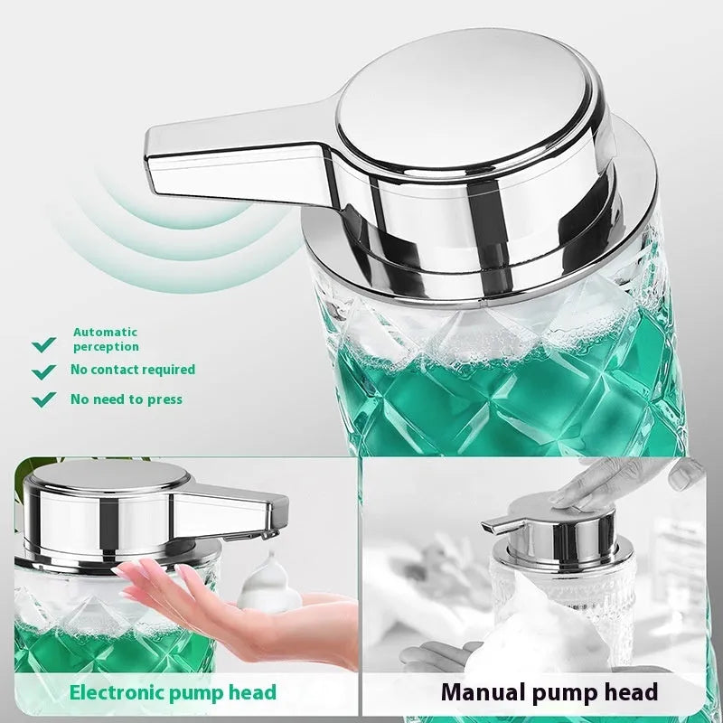 Automatic soap dispenser with silver finish and USB Type-C charging port