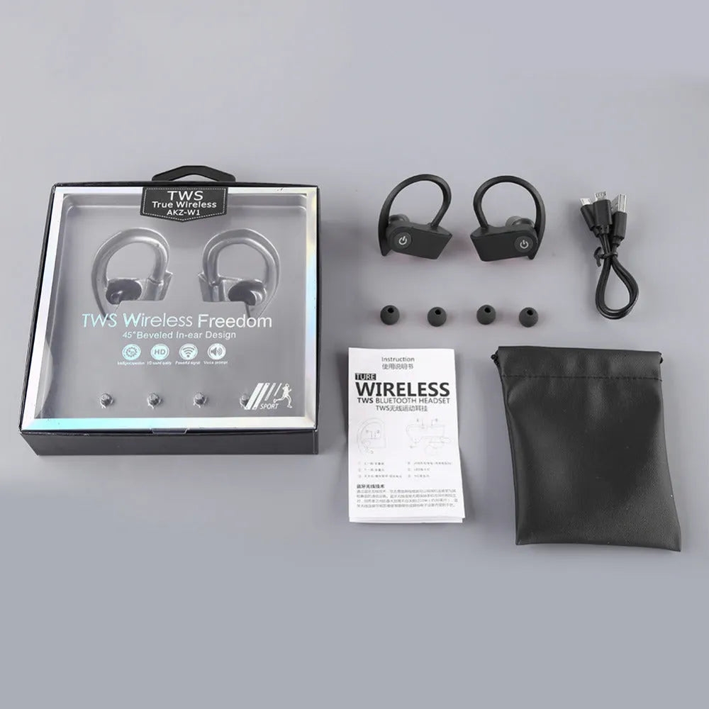 Black, grey, and red wireless Bluetooth earphones with ergonomic design and charging case.