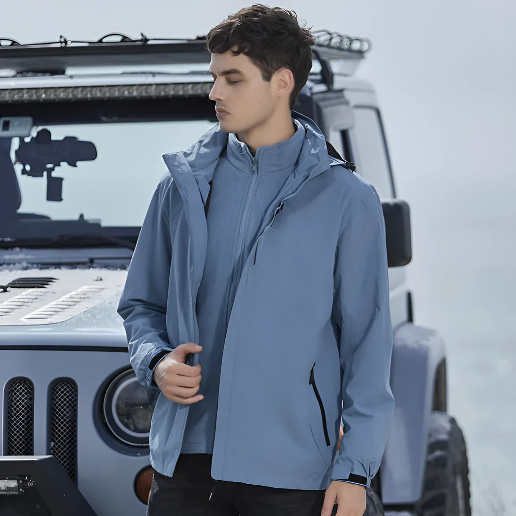 Three-in-one removable mountaineering suit in fluorescent colour with waterproof breathable construction