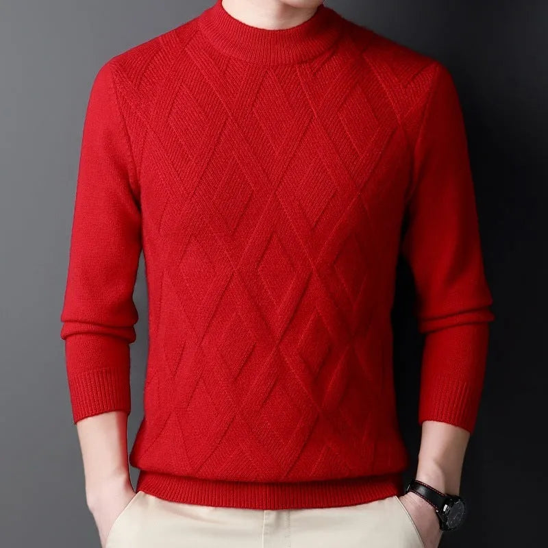 Men's diamond jacquard knit winter pullover sweater in a wool and polyester blend.
