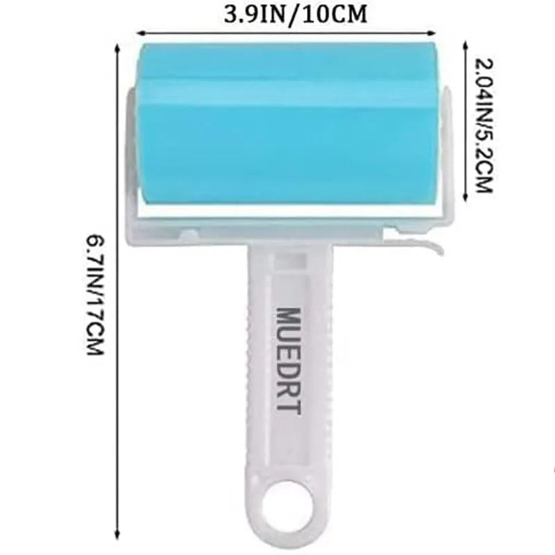 Blue reusable washable lint roller with cover for removing pet hair from clothes and furniture.