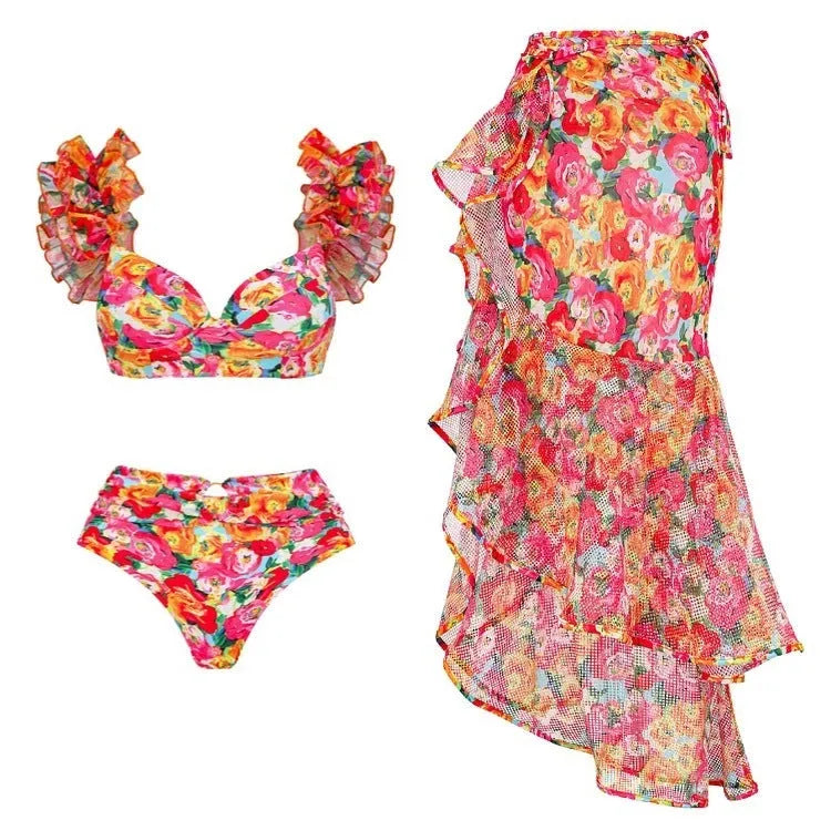 Women's floral print push up bikini with high-waist split design on mannequin