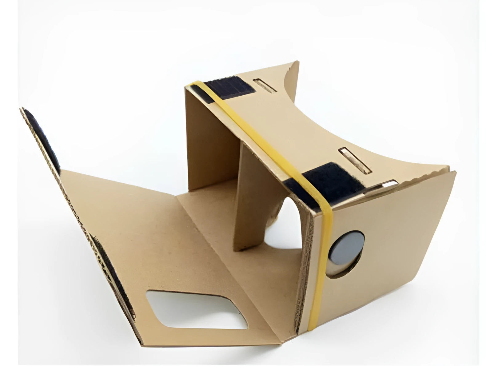 Flat-pack DIY VR cardboard glasses kit for 6-inch smartphones with 3D lenses, rubber band, and velcro strap.