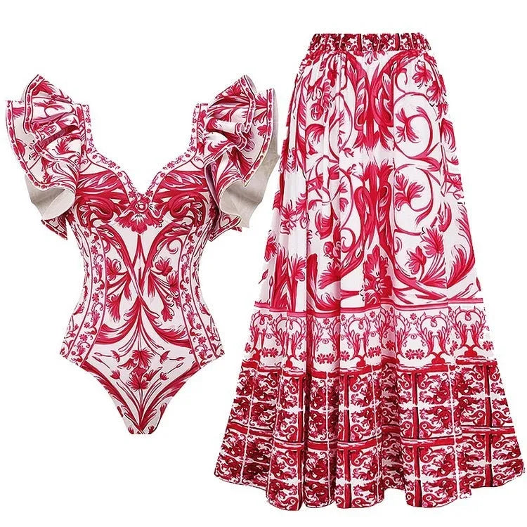 Women's printed polyester one-piece swimsuit in rose pink, blue, white or red apron set colours