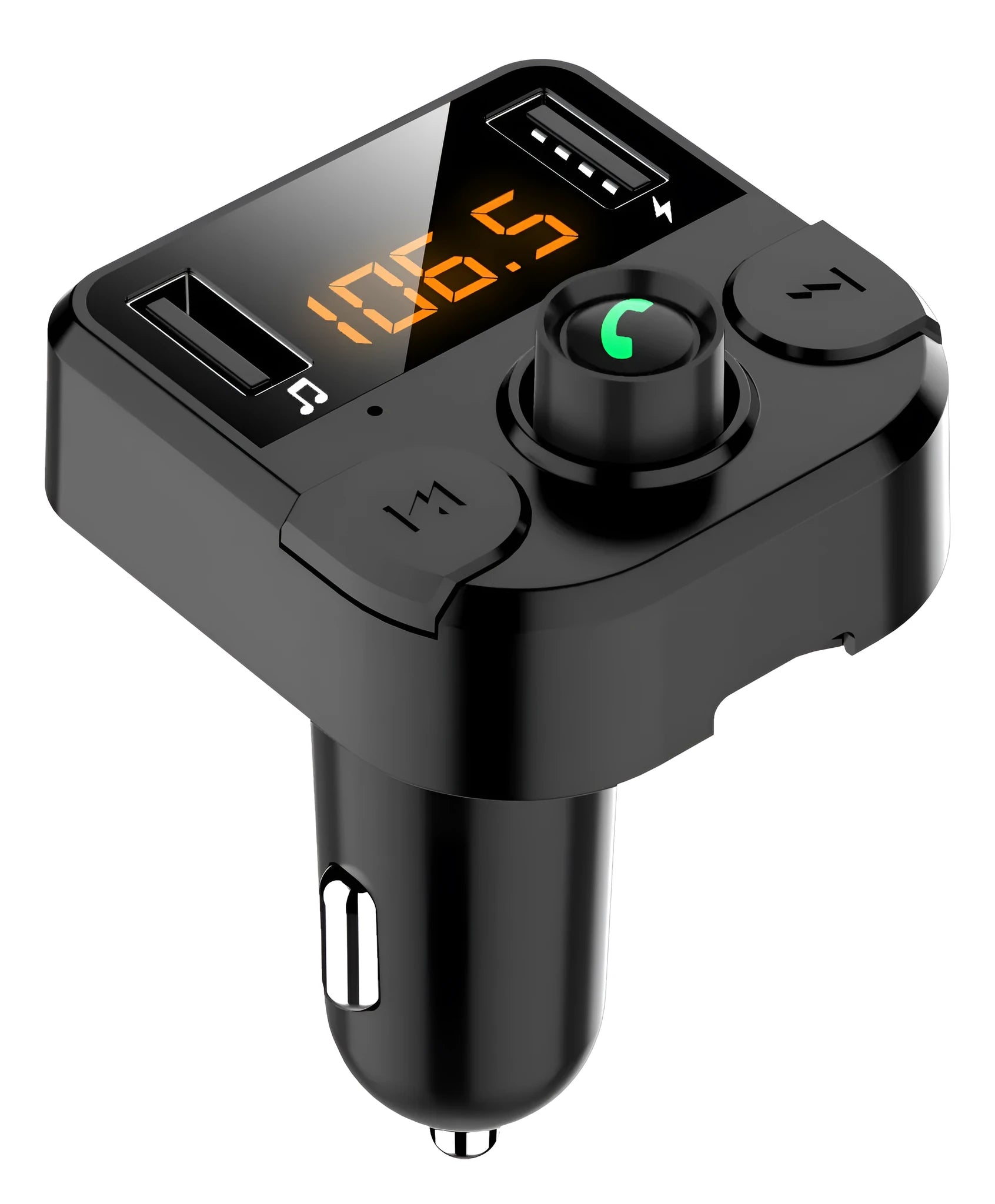 Black BT36B car MP3 Bluetooth player with display, plugged into a car cigarette lighter socket.