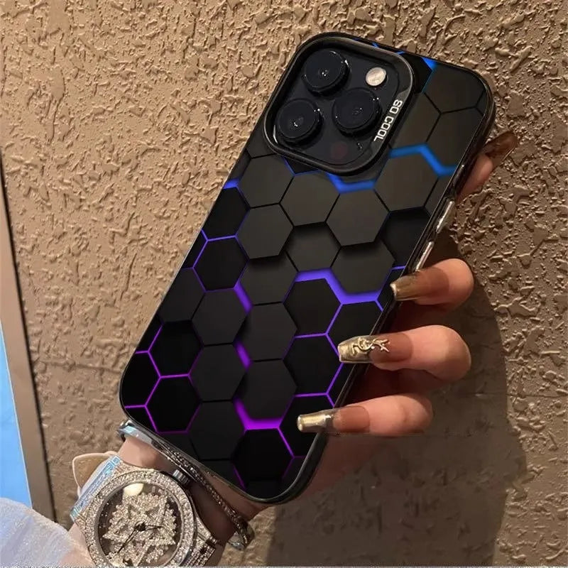 Frosted protective iPhone case with honeycomb square pattern in Moonlight Black, shown fitted on a phone.