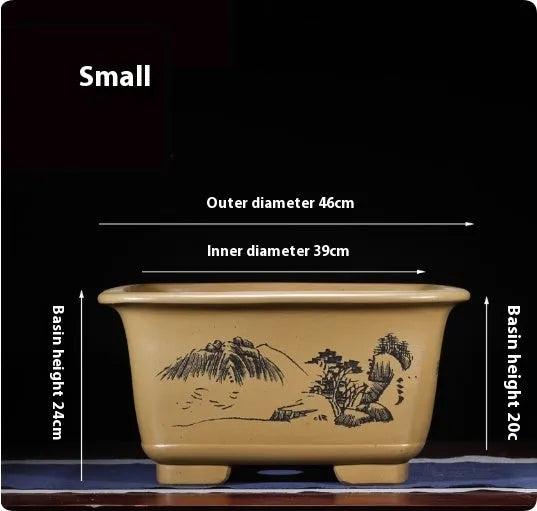 Large purple clay Chinese style flower pot for indoor bonsai or plants.