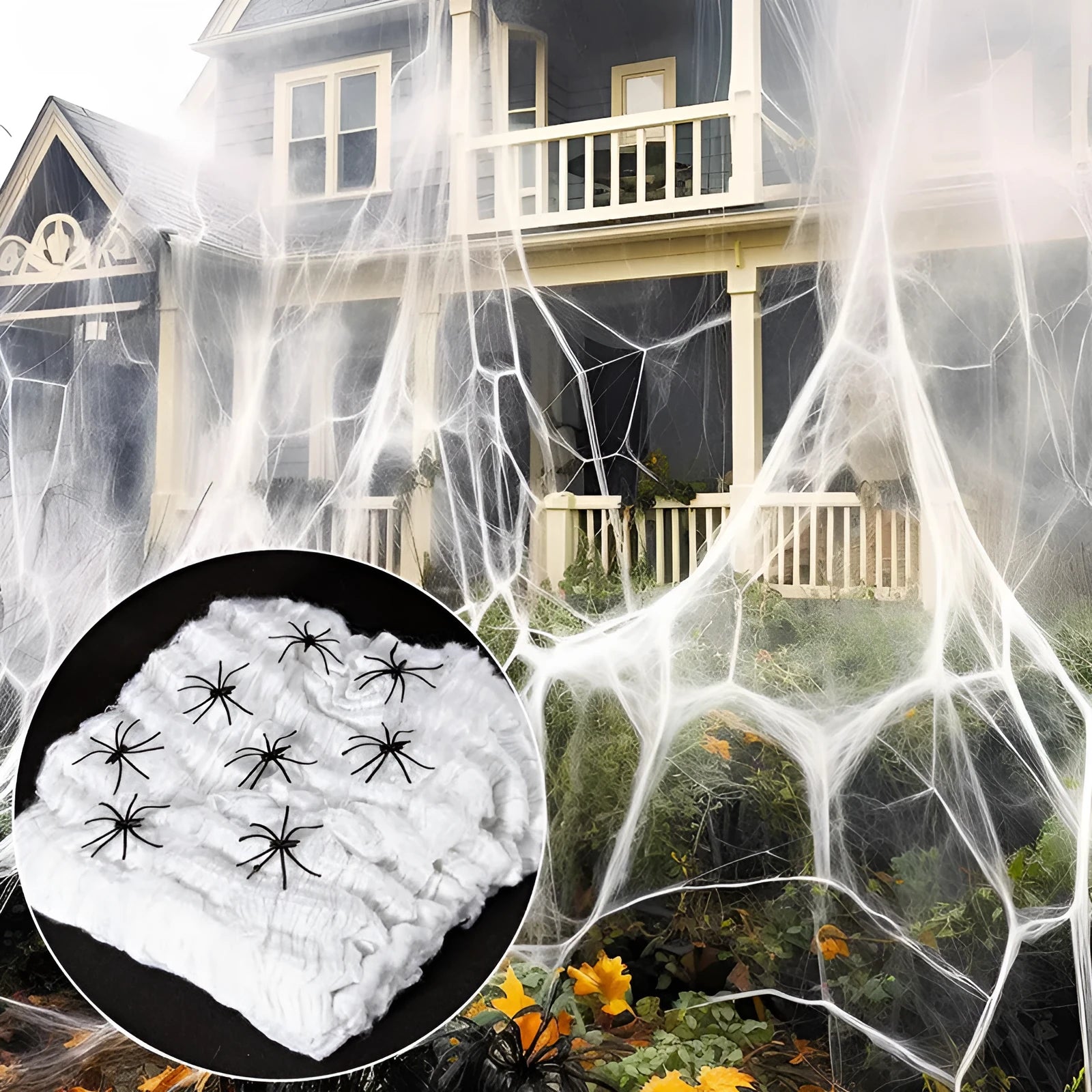 White cotton spider web Halloween decoration bundle with plastic spiders scattered on a dark background.