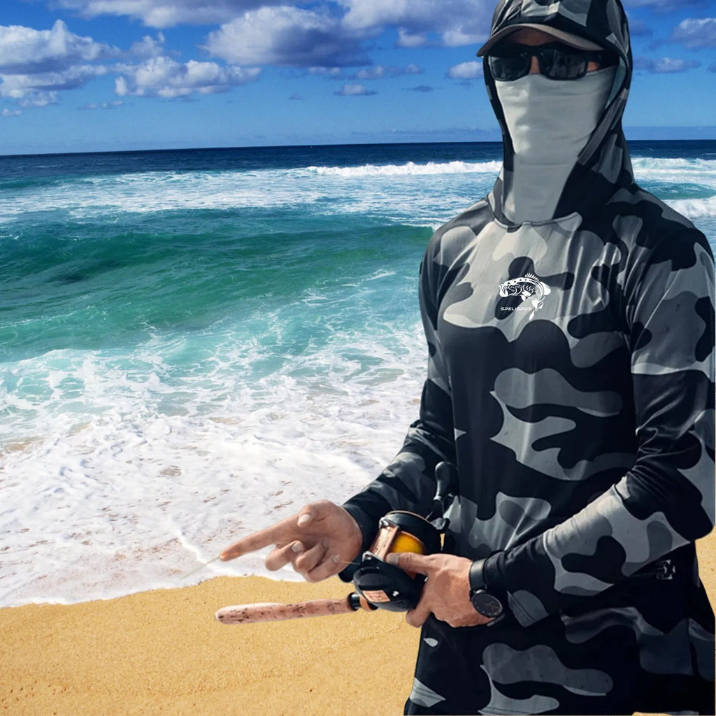 Men's long sleeve fishing hoodie with face mask neck cover in breathable UPF 50 sun protection fabric for sailing and hunting.