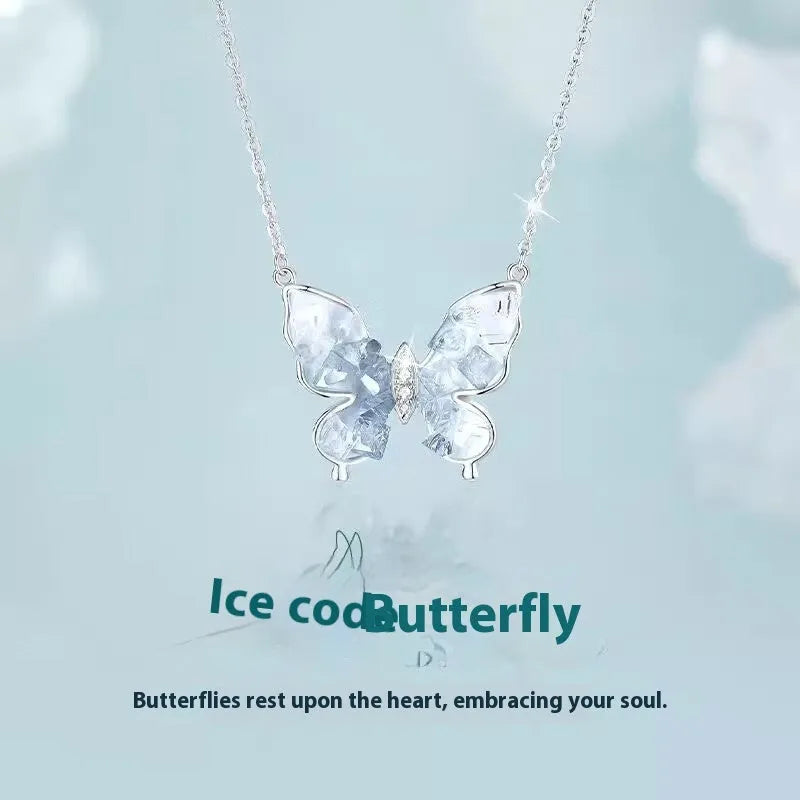 S925 silver necklace with crystalline ice rain butterfly pendant on an adjustable O-ring chain.